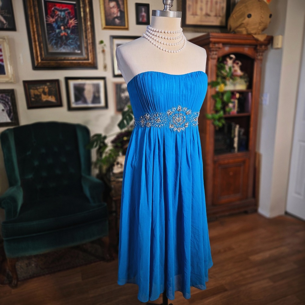 Y2K Fiesta Turquoise‎ Blue Strapless Beaded Empire Waist Chiffon Formal Dress M